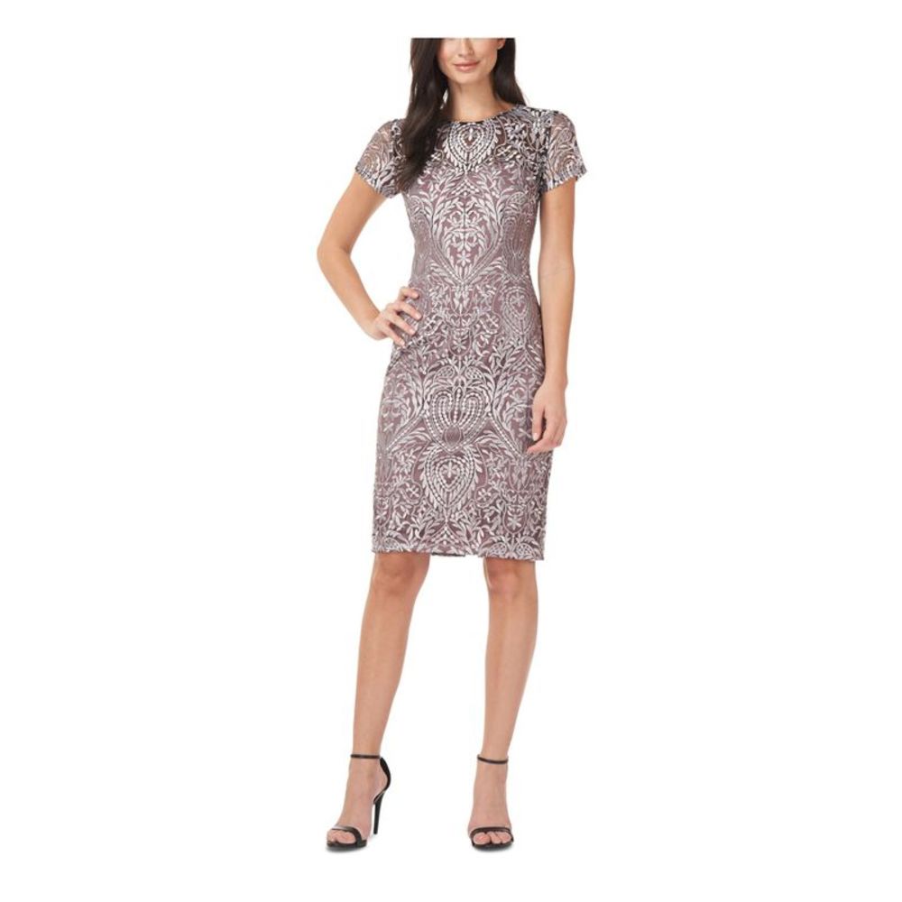 JS COLLECTION Womens Brown Short Sleeve Below The Knee Evening Sheath Dress 8